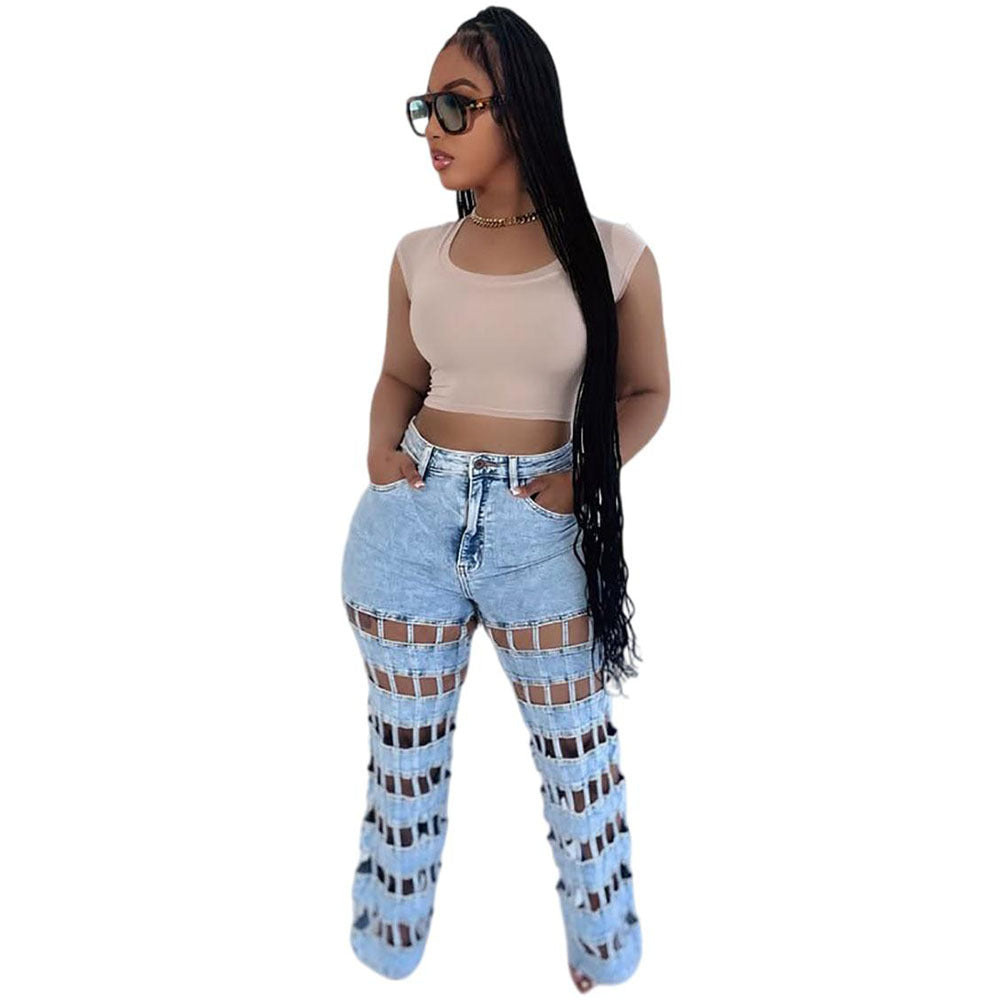 European and american style distressed jeans - new women's streetwear fashion hollow-out high-waisted straight-leg jeans for  cross-border e-commerce
