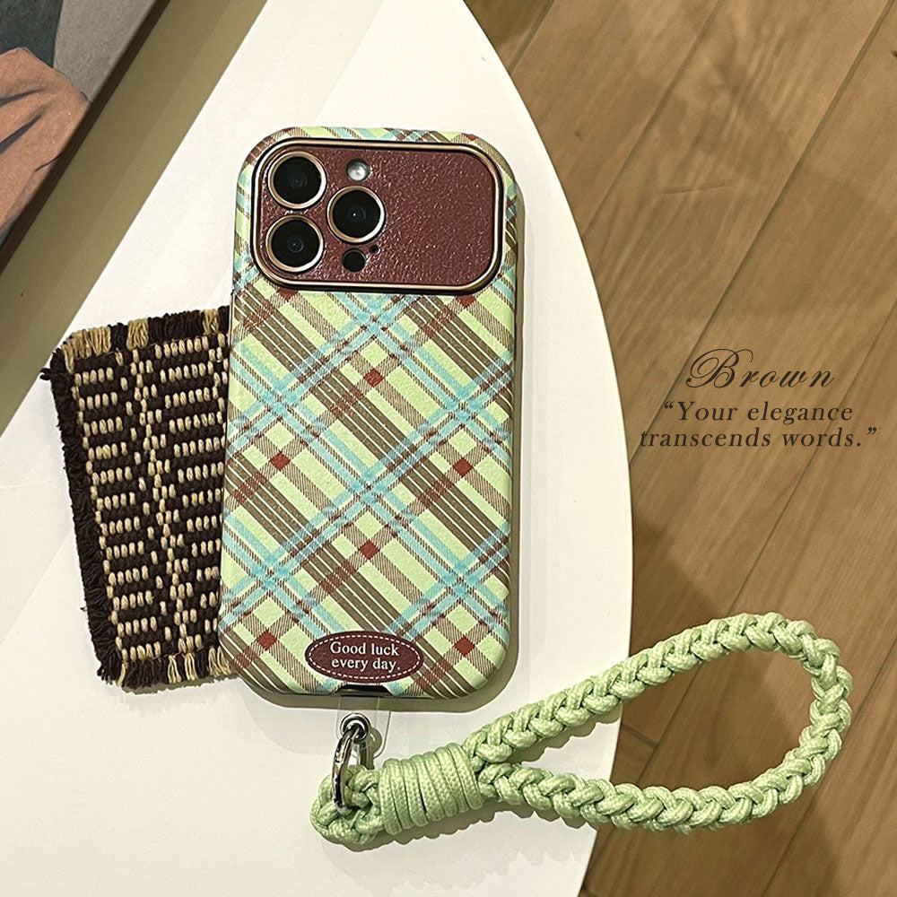 Green and brown plaid lambskin iphone 16 case with large window, iphone 17 pro max drop-proof phone case