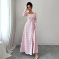 european and american new arrival: pink and white gingham long dress - chanel-inspired style with square neck, long sleeves, pearl button detail, cinched waist, and flared hem