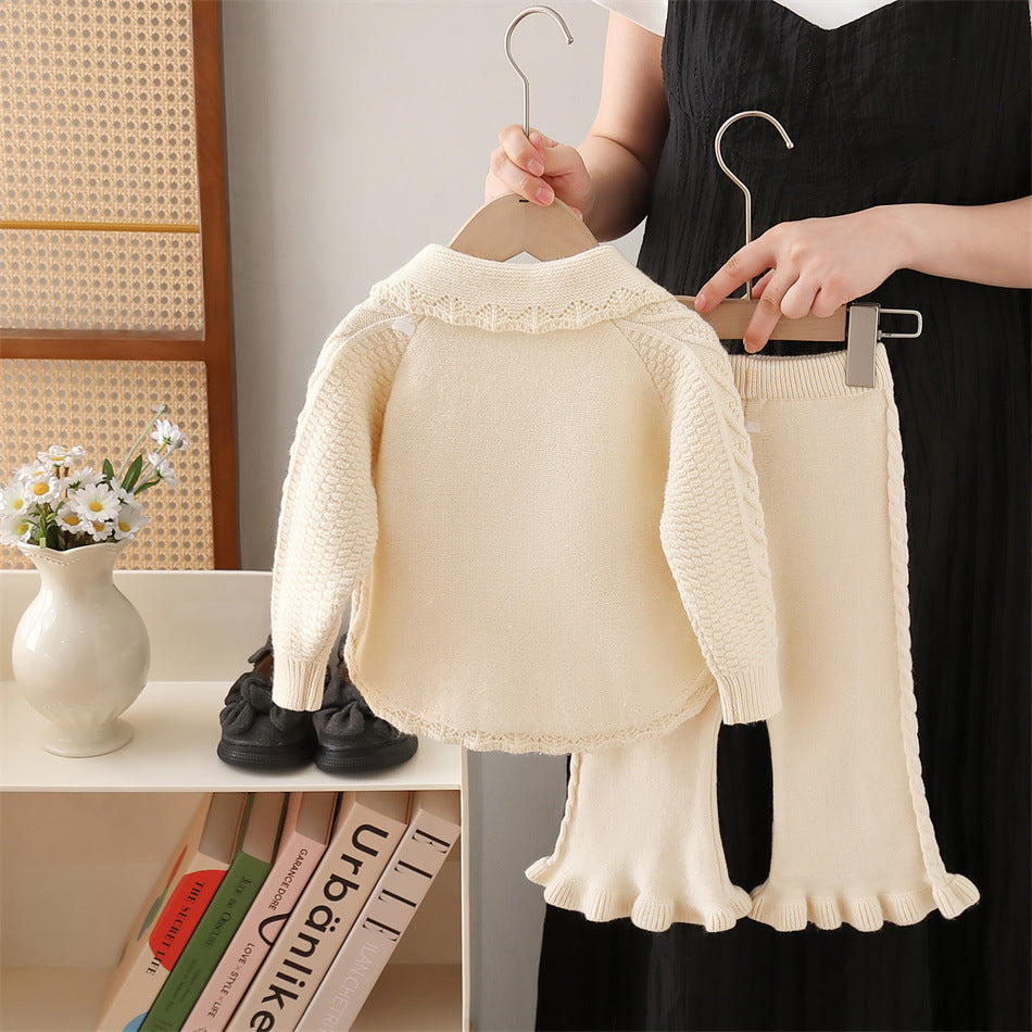 Girls' knit sweater set  new style: handmade flower pom-pom bowknot top and pants two-piece outfit for little girls