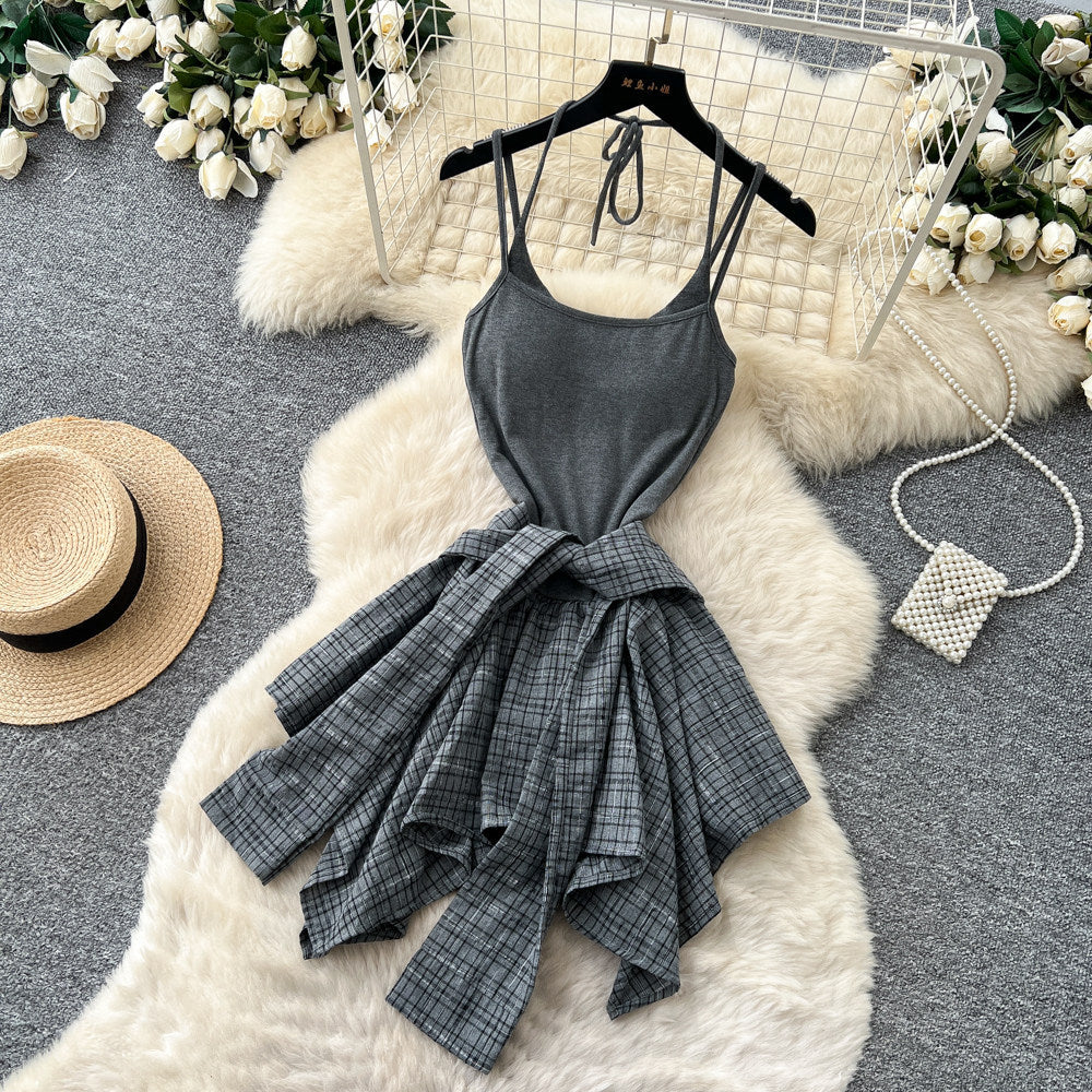 K-stylefake two-piece grids pattern patchwork suspender dress female summer strap halterslimming lookasymmetricalretro skirt
