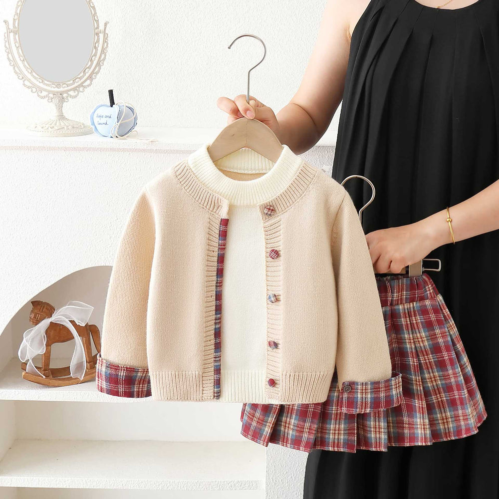 Girls' sweater set - new autumn/winter  collection: round neck, color block, faux two-piece knit cardigan jk outfit