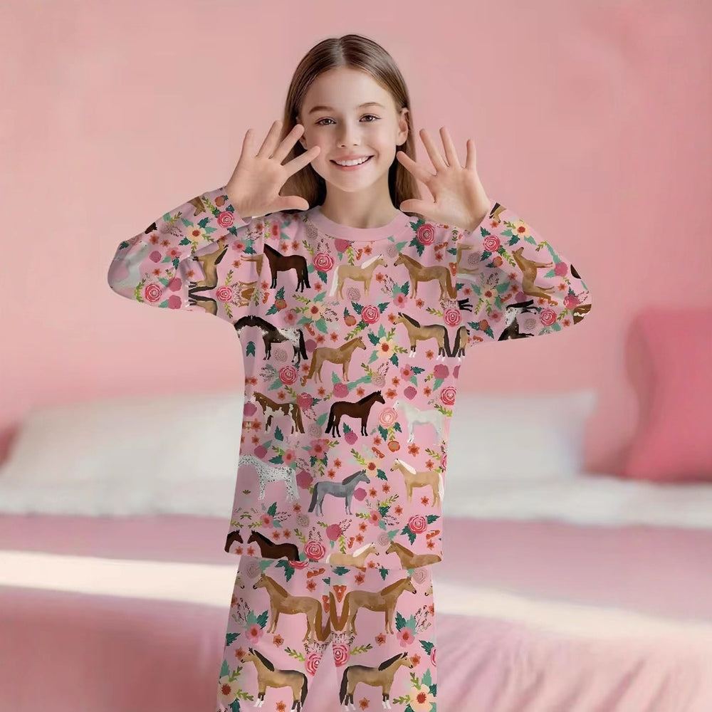 wholesale: girls' long-sleeve pajama set (long pants) - spring/autumn lightweight style for mid-to-large children - cartoon design
