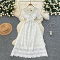 High-end hollow-out crochet lace dress for women,  summer collection: slimming, figure-flattering, peter pan collar, short sleeve, elegant maxi dress