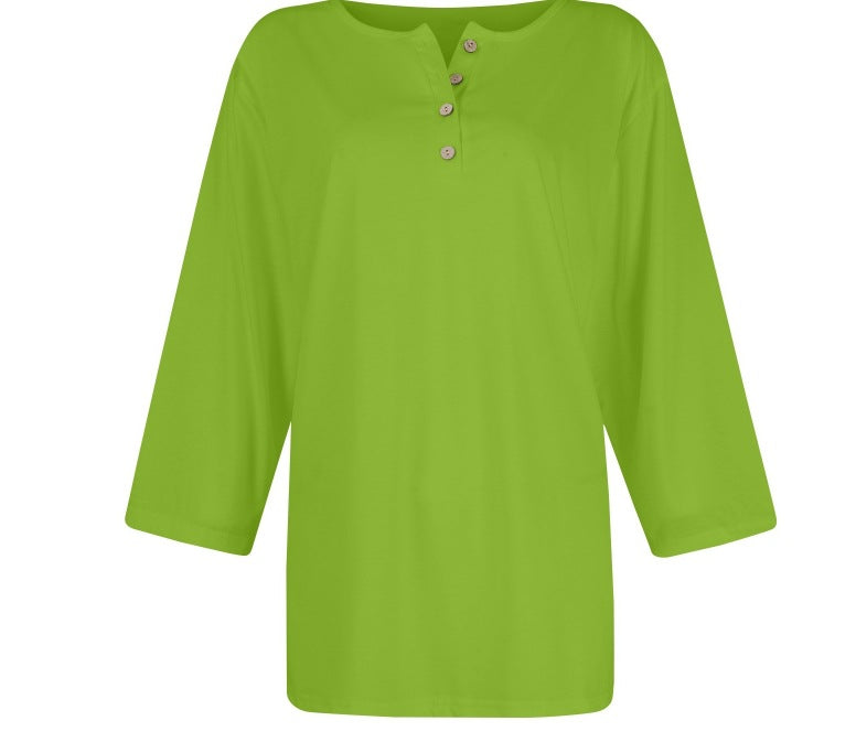 cross-border  women's fashion casual three-quarter sleeve solid color button-down crew neck t-shirt top