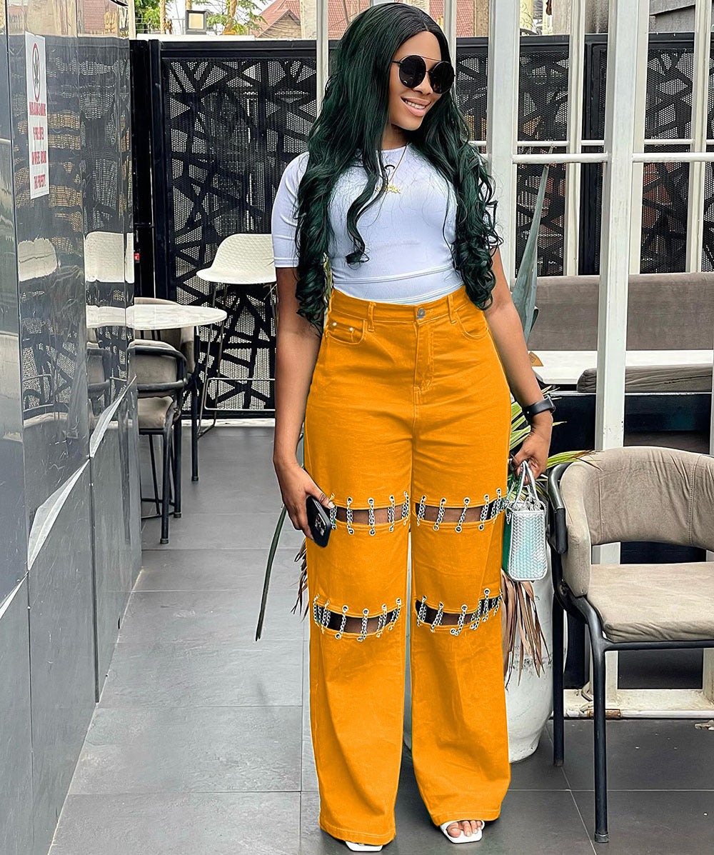 European and american style high-waisted jeans -  cross-border women's fashion  new collection - patchwork casual distressed chain detail pants