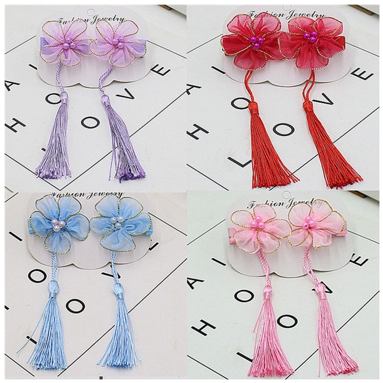 Hair accessories, hairpins, kids, girls, han dynasty accessories, gold edge tassels, costumes, ribbons, chinese style, antique style, pink