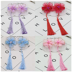 Hair accessories, hairpins, kids, girls, han dynasty accessories, gold edge tassels, costumes, ribbons, chinese style, antique style, pink