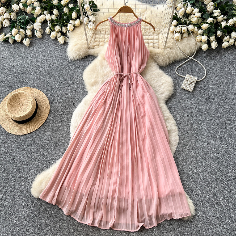 Luxury chic diamond-embellished halter dress - pink summer sleeveless high-waisted a-line pleated maxi dress - premium quality