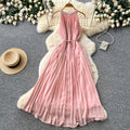 Luxury chic diamond-embellished halter dress - pink summer sleeveless high-waisted a-line pleated maxi dress - premium quality
