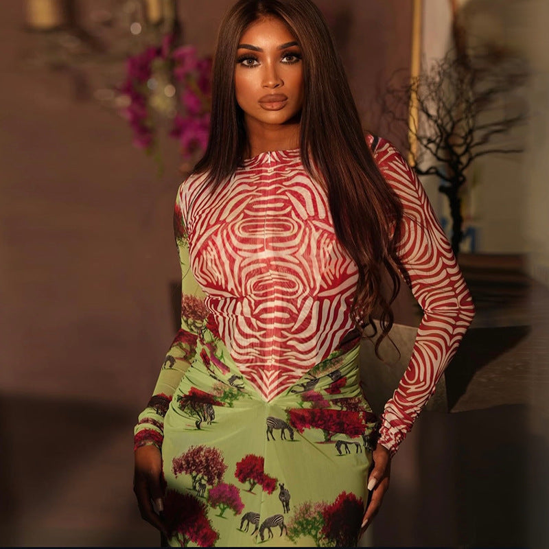 European and american style cross-border  women's fitted print patchwork bodycon dress - round neck, long sleeve, unique and fashionable