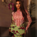 European and american style cross-border  women's fitted print patchwork bodycon dress - round neck, long sleeve, unique and fashionable