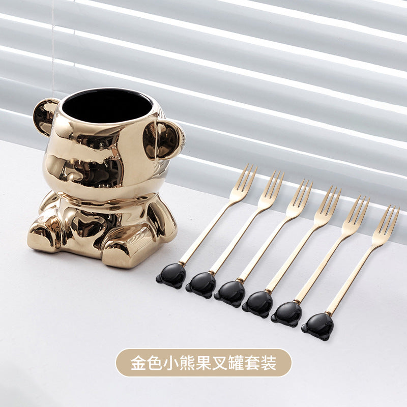 Ceramic bear stainless steel fruit fork set - stylish fruit picks, home use, light luxury forks and spoons, wholesale fruit forks