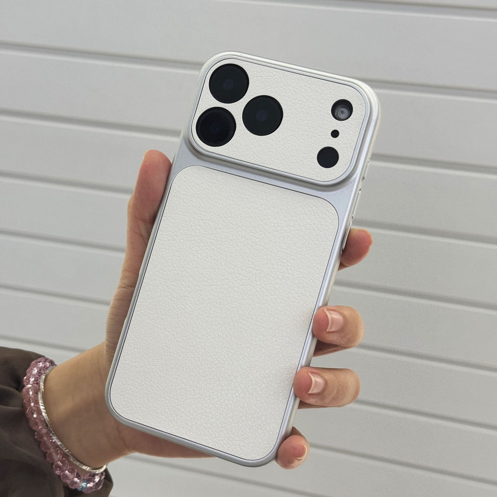 Instantly transform your phone with a premium leather-feel iphone 17 pro max case. available in white for iphone 17, iphone 16, and iphone 15 models. featuring corning glass and a minimalist, faux-leather design