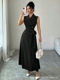 summer new arrival: black sleeveless dress with suit collar, cinched waist, and tie detail - long work dress