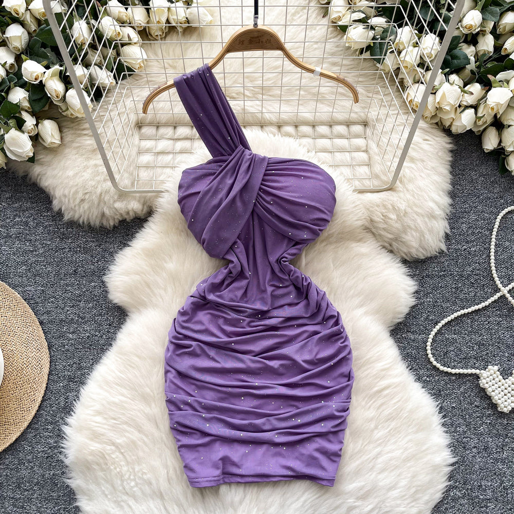 European and american style one-shoulder bandeau dress - women's summer sparkly slim-fit bodycon mini dress