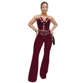 C7327 cross-border   fashion women's sexy bandeau top and eyelet metal buckle pants set