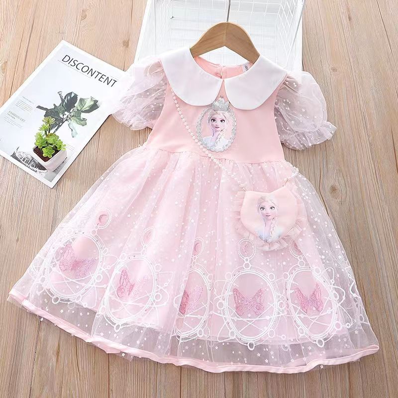 Girls' elsa princess dress,  summer collection, kids' frozen-inspired chic mesh dress, baby short-sleeve dress