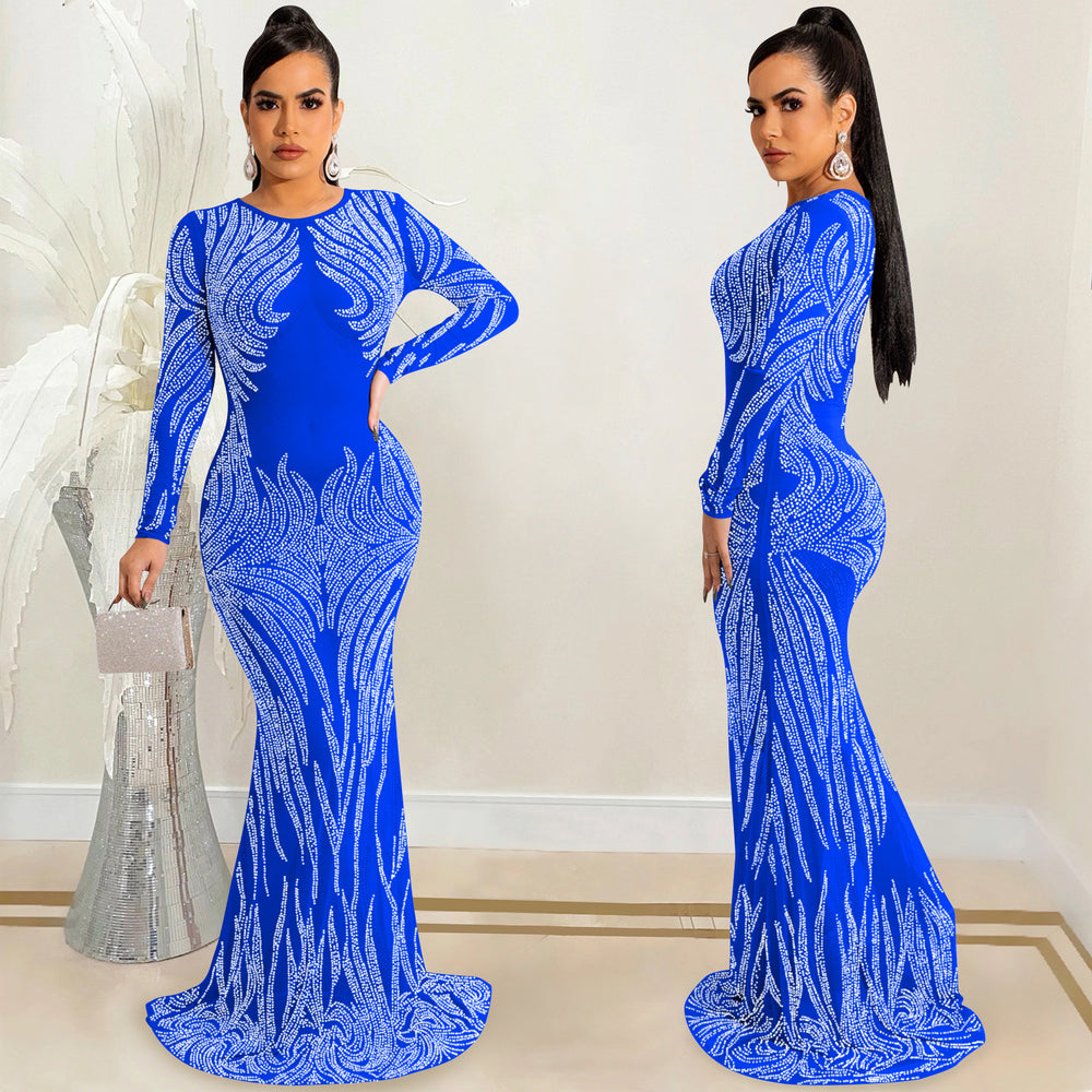 X5606 cross-border   nightclub style sexy rhinestone mesh see-through long sleeve maxi dress for women