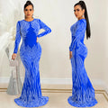 X5606 cross-border   nightclub style sexy rhinestone mesh see-through long sleeve maxi dress for women