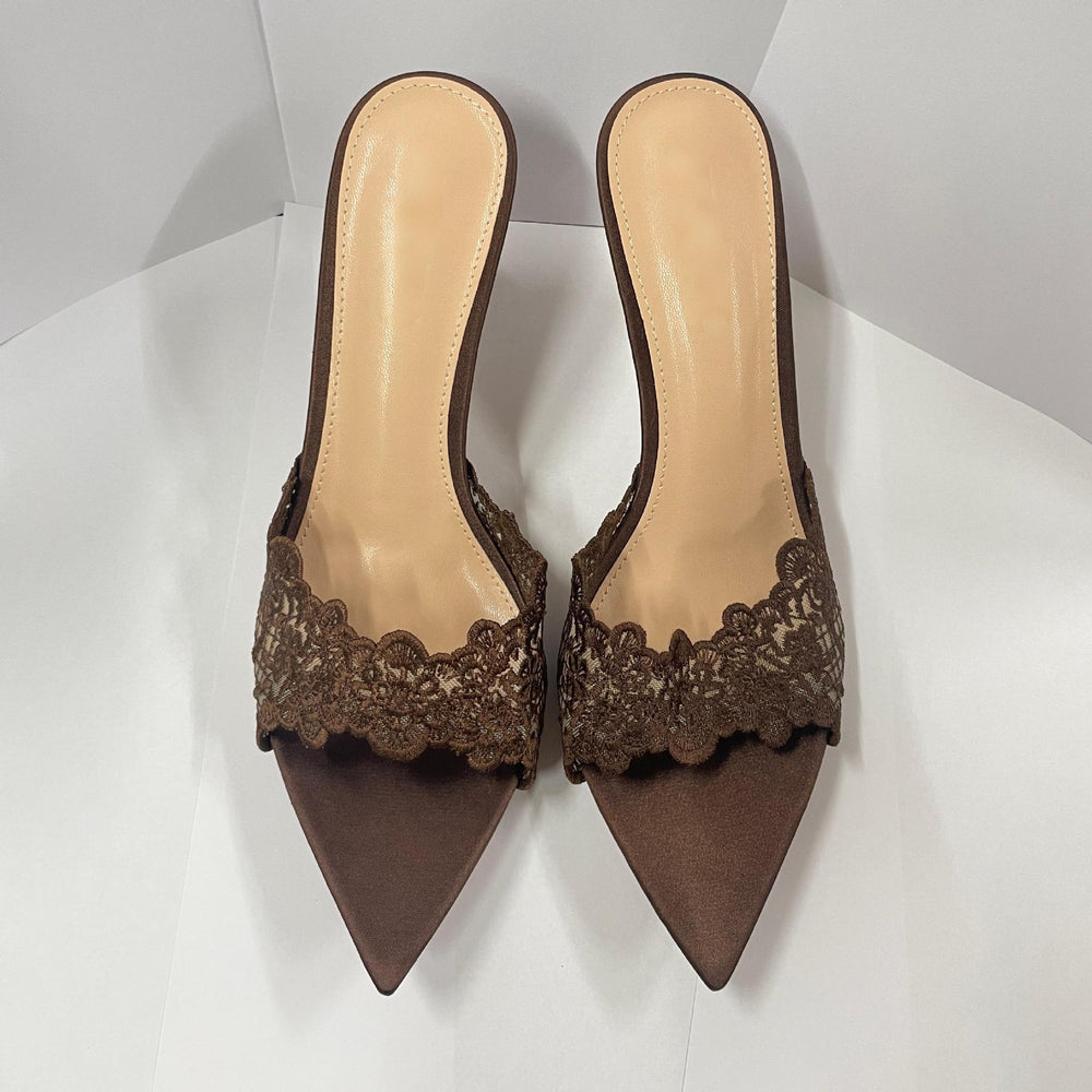 Wo huizhou city 2026 summer high heel light luxury classy lace pointed toe stiletto slippers fashion style fashion elegant