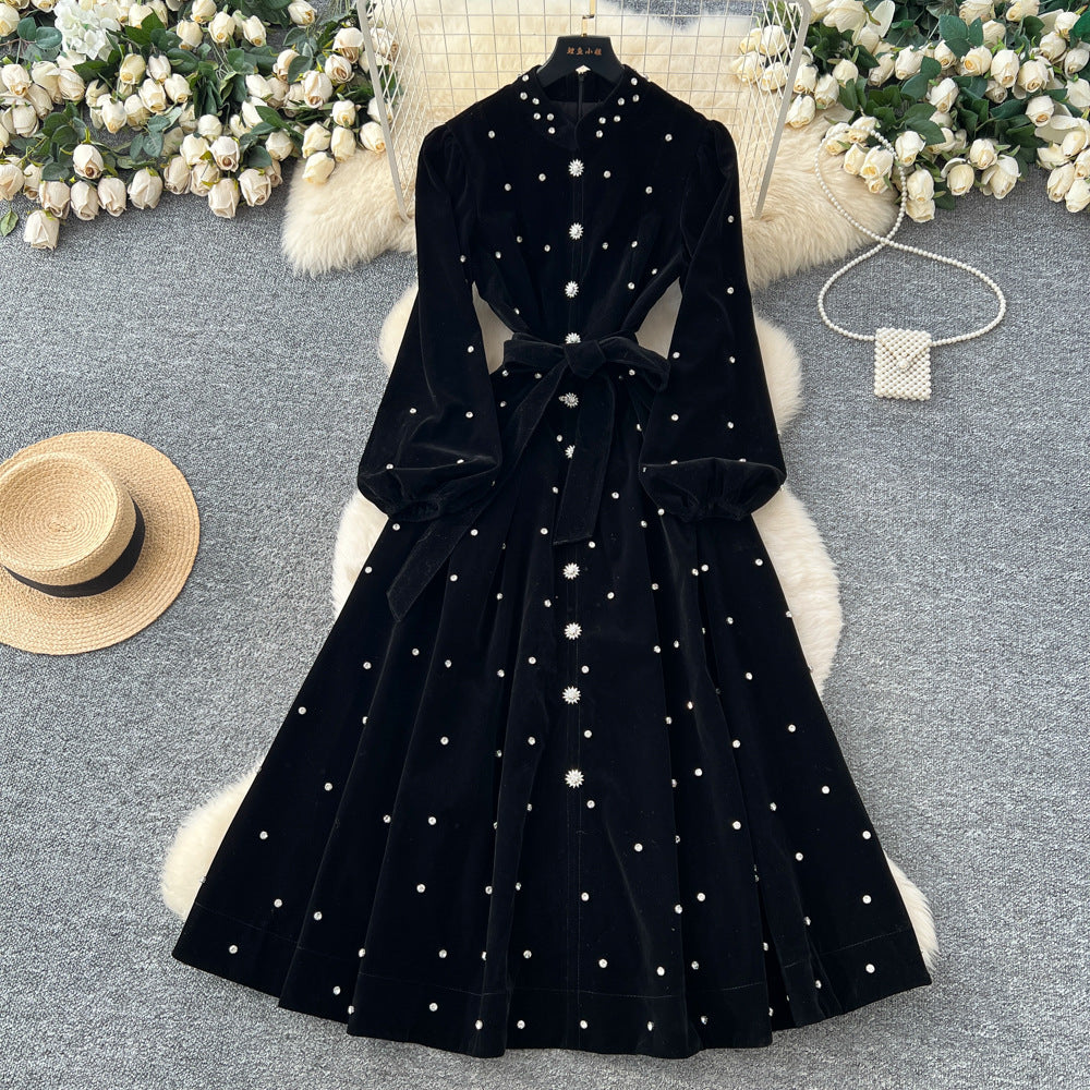 Frenchretroclassy heavy industry nail diamond stand collar lantern sleeves straps waist single breasted large swing velvet dress
