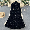Frenchretroclassy heavy industry nail diamond stand collar lantern sleeves straps waist single breasted large swing velvet dress