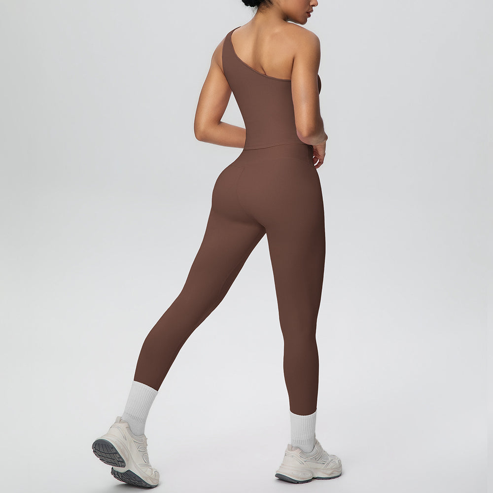 New arrival cross-border double-sided brushed nude tight one-shoulder vest sports suit running fitness yoga clothes two-piece set