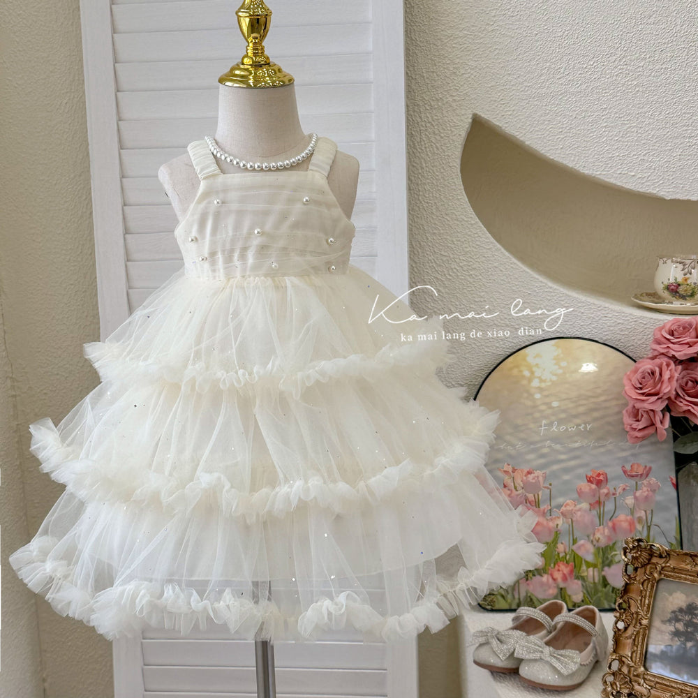 【custom wholesale】girls' dresses -  summer collection: korean style, chic princess dress with pearl accents, tutu skirt for baby girls