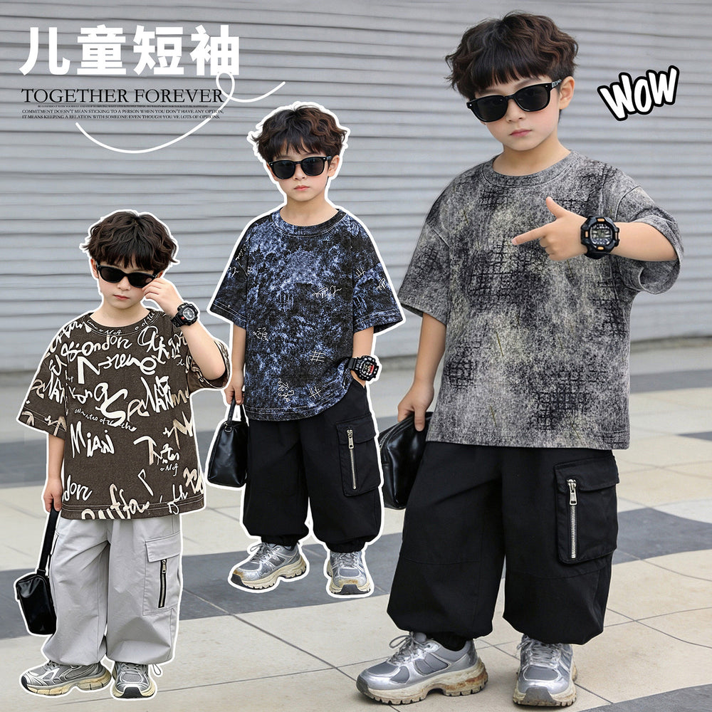 Comfortable and loose-fitting trendy brand short-sleeve t-shirt for boys,  summer print, kids' pure cotton top, fashionable casual children's clothing