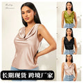 summer new satin ruched neck solid color sleeveless tank top - wholesale european and american style sleeveless tops