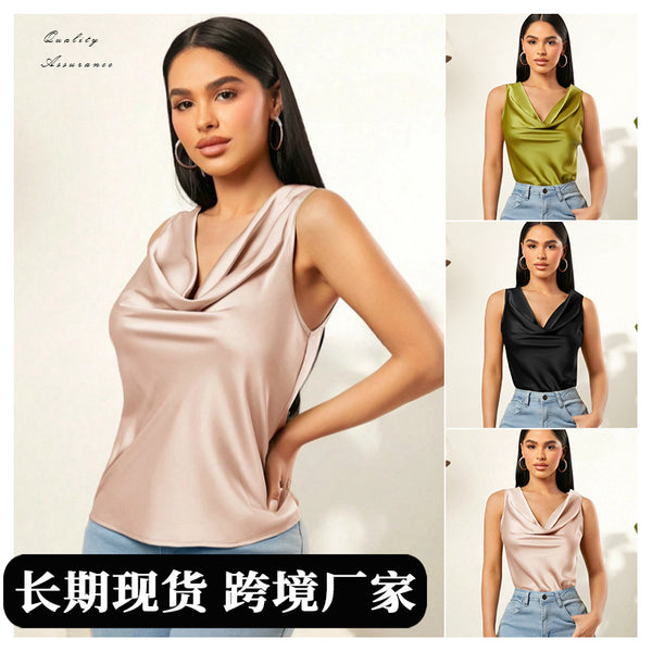 2025 summer new satin stacked collar solid color sleeveless vest, European and American women's sleeveless top wholesale