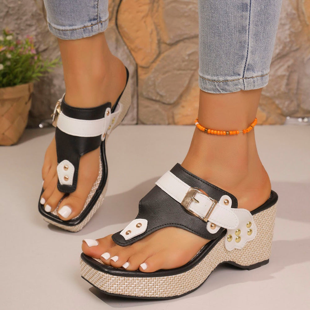 Wholesale women's plus size chunky heel rivet belt buckle slippers - new  square toe sandals for cross-border e-commerce
