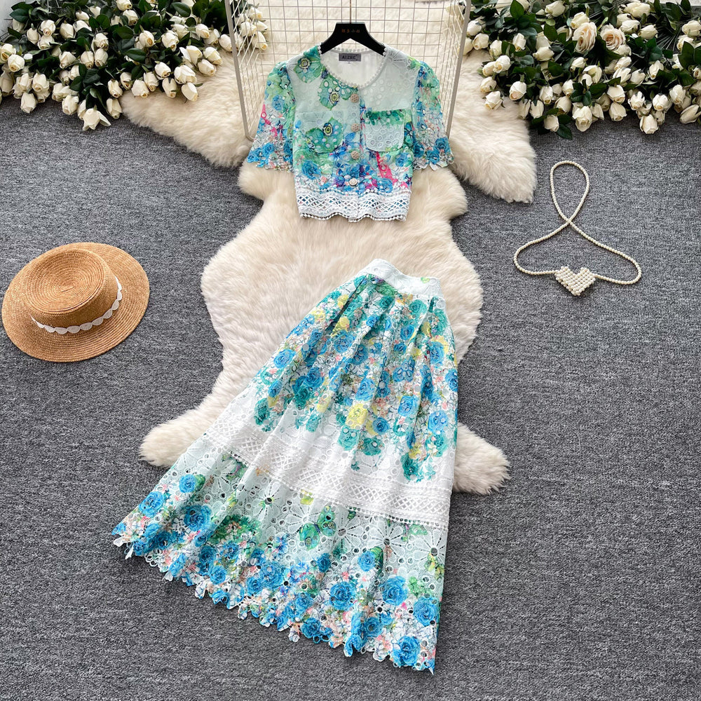 French chic lace print two-piece set: women's summer short-sleeve, designer-inspired, age-defying, slimming, and commute-friendly skirt suit
