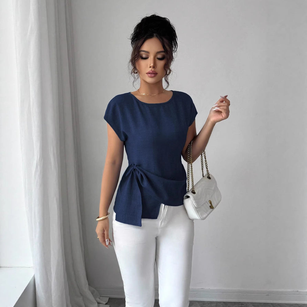 cross-border fashion casual crew neck solid color asymmetrical ruffle hem tank top short sleeve top for  us & europe