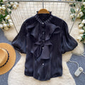 French-style diamond-embellished ruffle trim short-sleeve blouse - women's summer loose fit versatile designer top with a touch of luxury