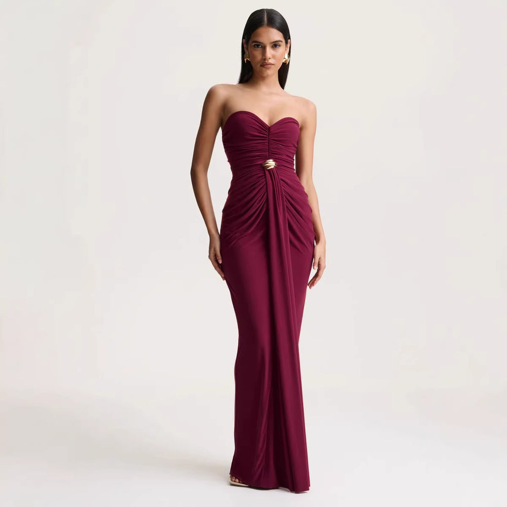 European and american women's clothing  spring new sleeveless ruched waist tie-up dress elegant slim-fit bandeau evening gown