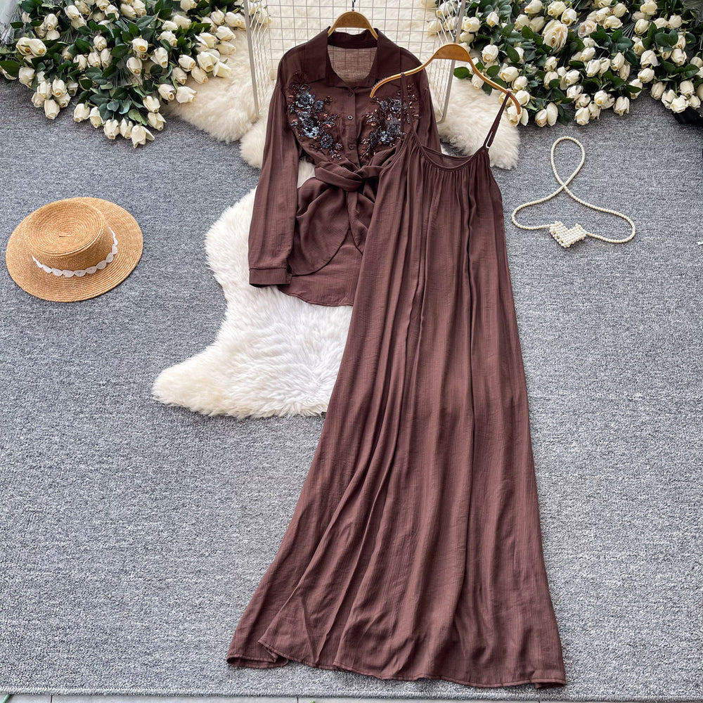 Gentle and lazy style embroidershirt suspender skirt two-piece set for women  spring autumslimming lookelegantfashionsuit