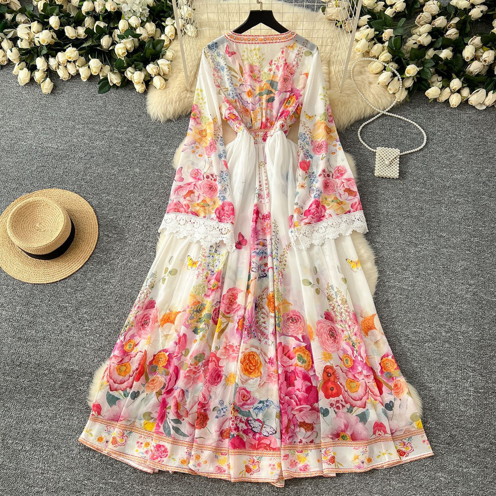 Palace style dress for women  spring fashion european and american socialite deep v neck bell sleeves waist buttoned printing long skirt