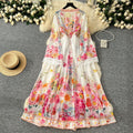 Palace style dress for women  spring fashion european and american socialite deep v neck bell sleeves waist buttoned printing long skirt