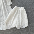 French fashion heavy industry cut outembroider round neck long sleeves single breasted dress women's bottoming shorts two-piece set