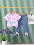 Direct from the factory! girls' summer two-piece set: pink cartoon tee + bowknot denim shorts. ready to ship!