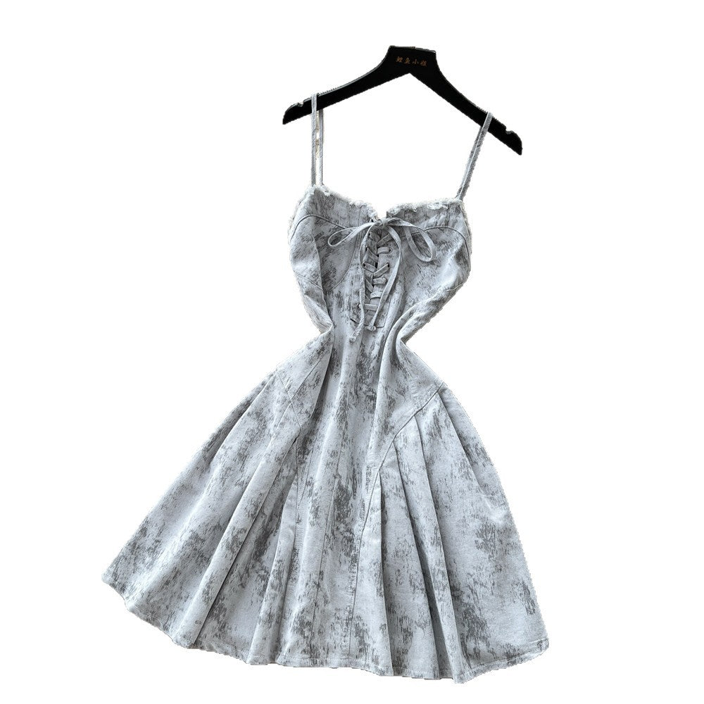 Sweet girly style tie-waist a-line denim mini dress - summer slimming & age-defying