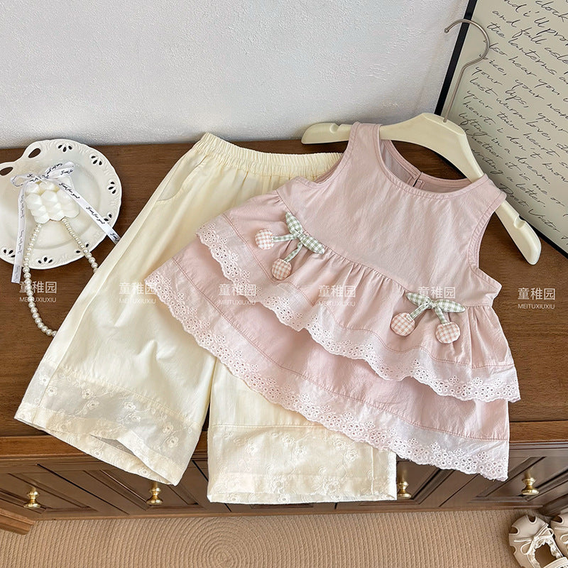 Girls' summer new style outfit: chic sleeveless babydoll top and trendy wide-leg casual pants two-piece set