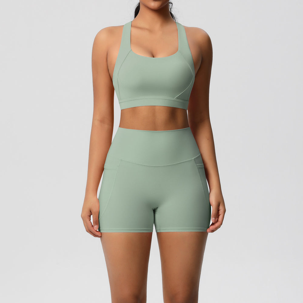 European and american cross-border double-sided brushed sports bra and pocket shorts set - pilates, running, fitness, and yoga apparel