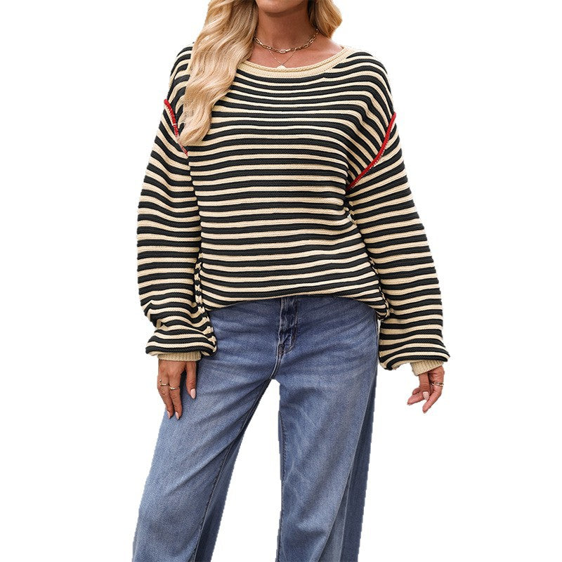 Cross-border new hot-selling autumn and winter sweaters, European and American women's clothing 2025 popular striped tops, round neck pullover, loose long sleeves