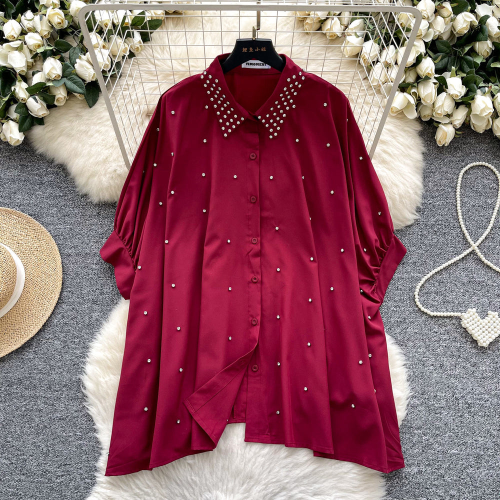 European fashionable tops for women design sense heavy industry inlaid diamond polo collar bat sleeve single breasted loosecasualshirt women