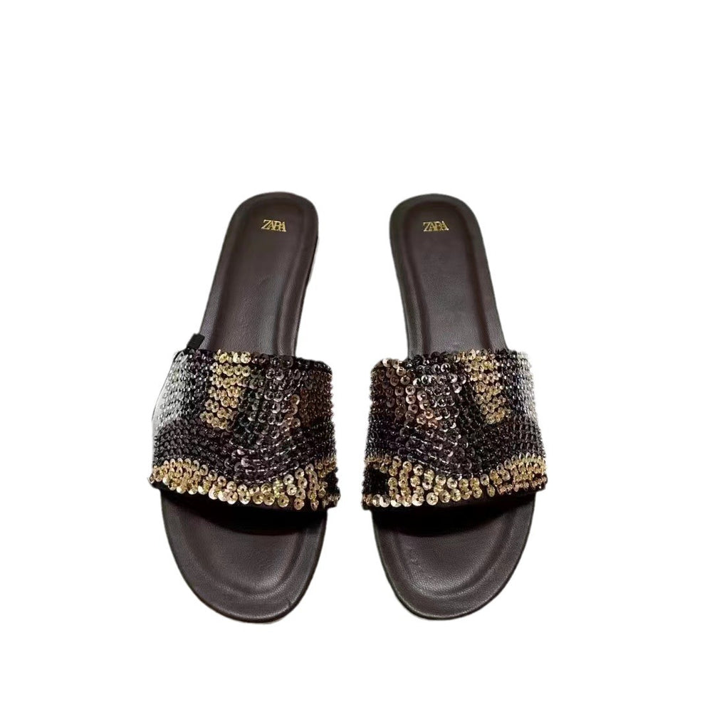 Za2024summer new women's shoes beaded flat bottom fashion sandals casualoutwear color matching one-line women's shoes