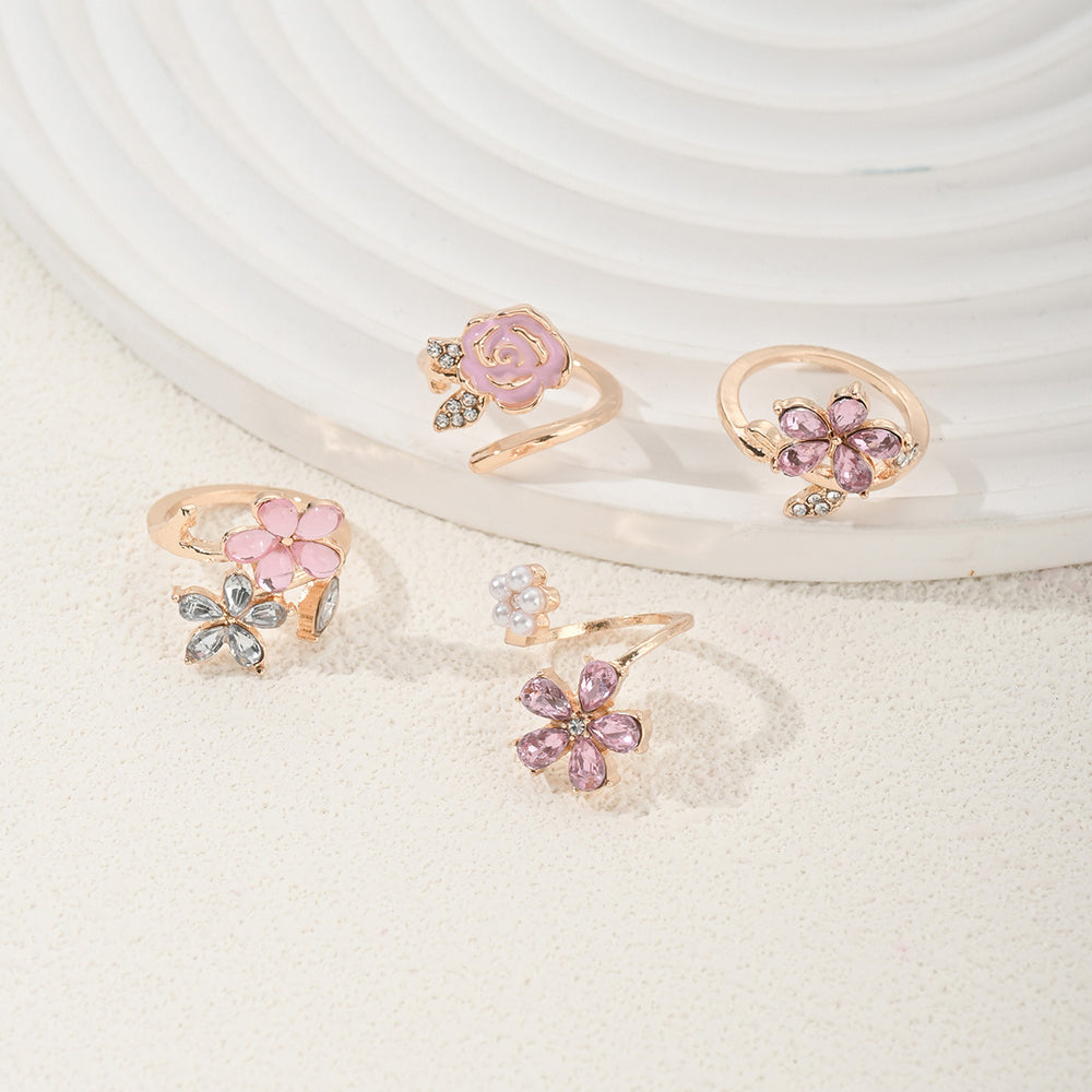 ins pink flower ring set for women, fashionable niche fairy style, sweet and light luxury diamond-encrusted hand jewelry