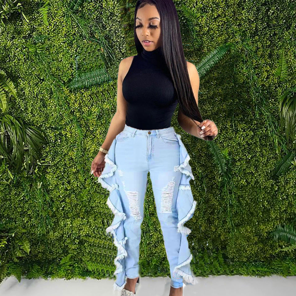 European and american cross-border women's fashion  jeans: streetwear casual hand-weathered distressed side ruffle skinny stretch pants